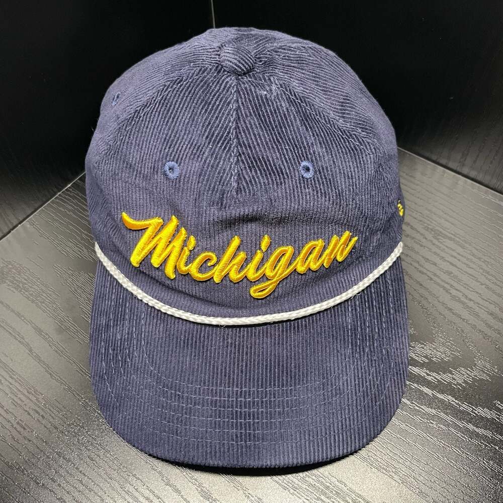 Michigan Wolverines Corduroy Snapback Hat Navy Blue Script Rope Cap Homefield